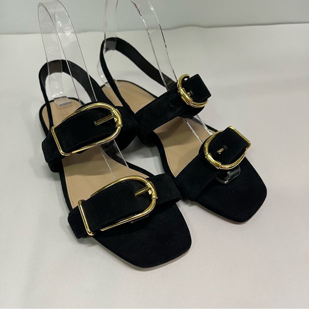 Veronica Beard Black Suede Slingback Sandals with Gold Buckles - Picture 3 of 10